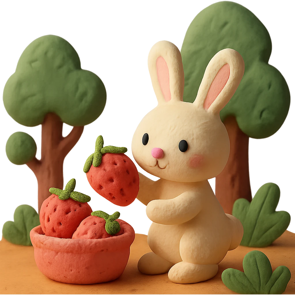 bunny picking strawberries in the woods, sweet pastel red, claymation style emoji