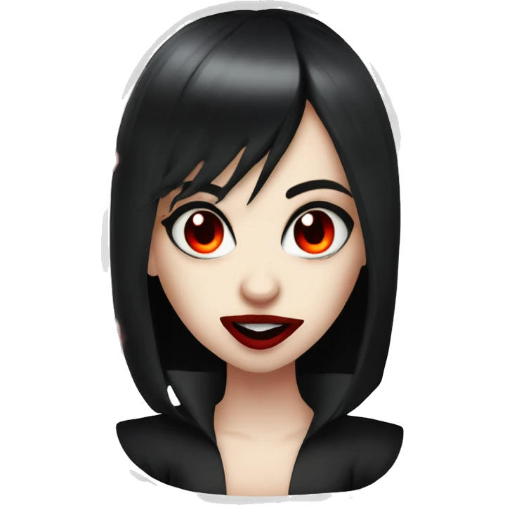 a vampire teen girl, black hair, red eyes, red lips and fangs, biting emoji