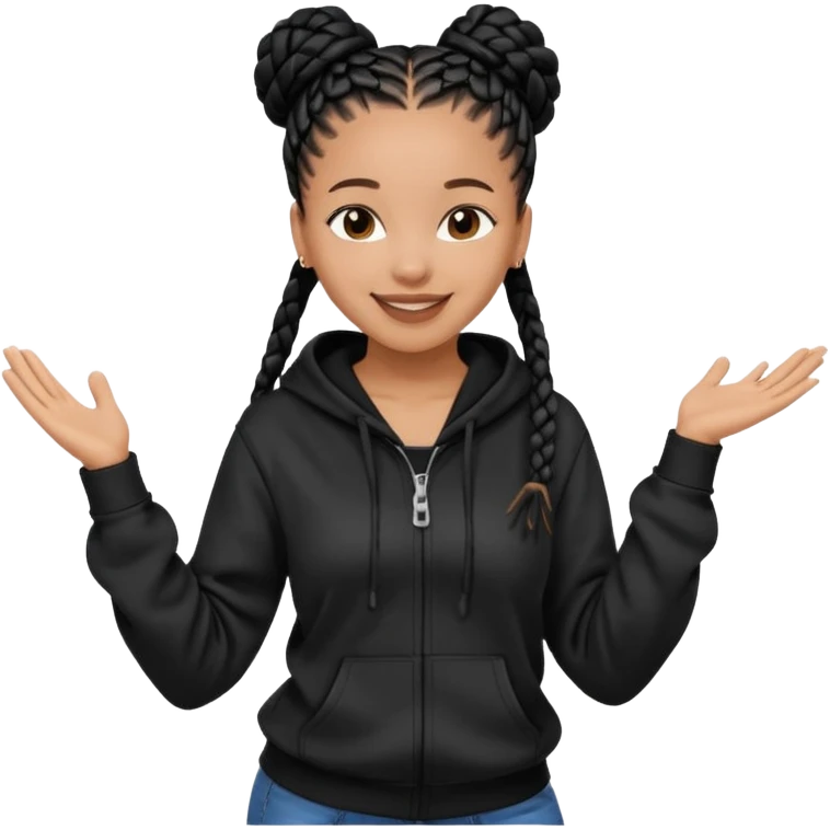 African American girl light skin complextion long black box braids wrapped in a single bun wearing plain black hoodie dancing emoji