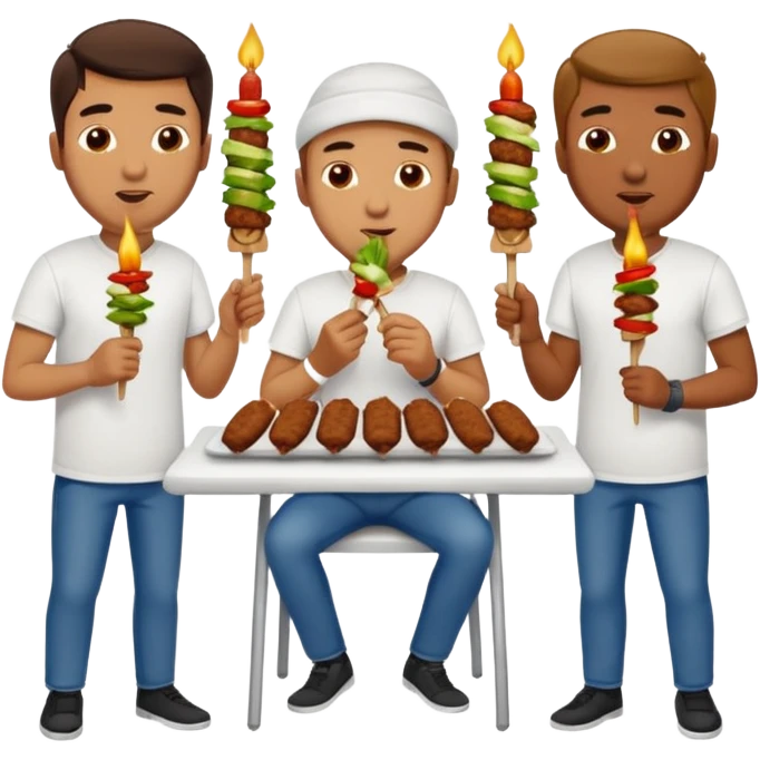 men in t-shirt eating beef kebab emoji