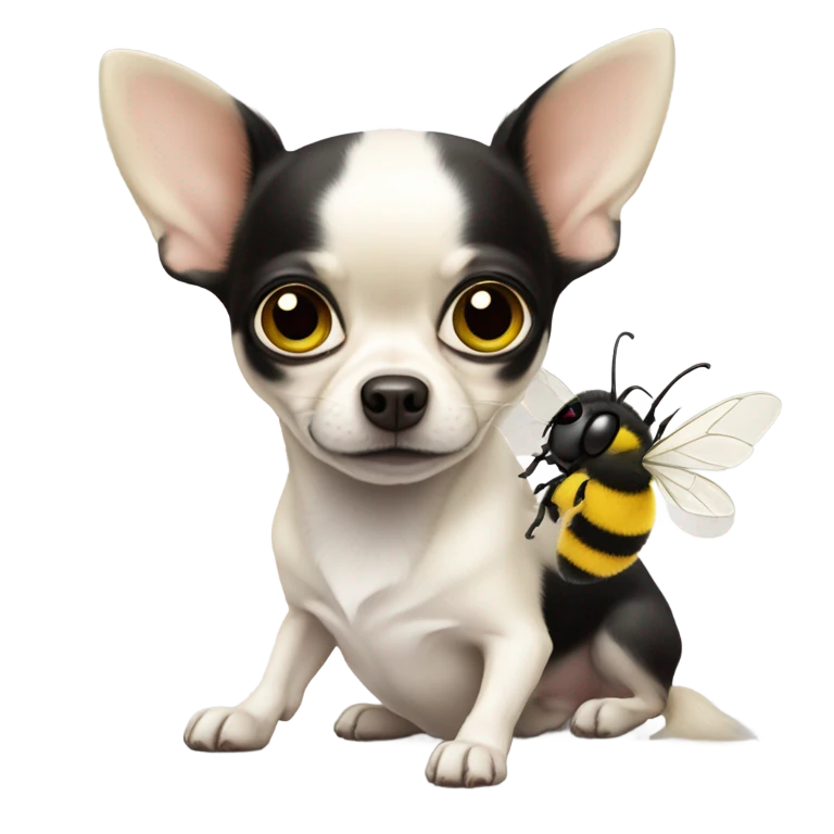 White chihuahua with big eyes and bumble bee emoji
