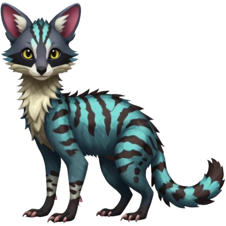 Feral Rare Fantasy dark tropical Vernid-Sergal-Genet-Trico-species by LiLaiRa, random markings, tufted tail, tufted ears, full body emoji