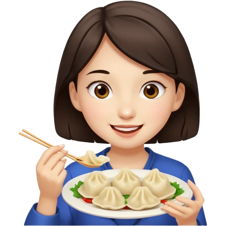 A dark brown-haired girl happily eating dumplings. emoji