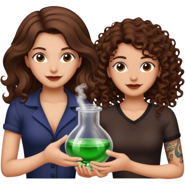 hiding potion — long wavy brown hair tattooed woman and short tight curly brown hair woman — guilty smile emoji