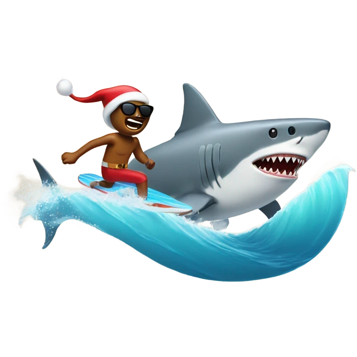 Santa surfing wearing sunglasses being Chased by a shark emoji