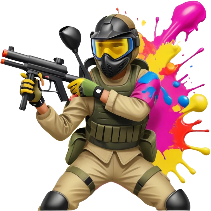 A dynamic scene of a player in action, holding a paintball gun and wearing protective gear. The background shows a vibrant paintball field with obstacles, colorful splatters of paint in the air, and an intense, competitive atmosphere. emoji