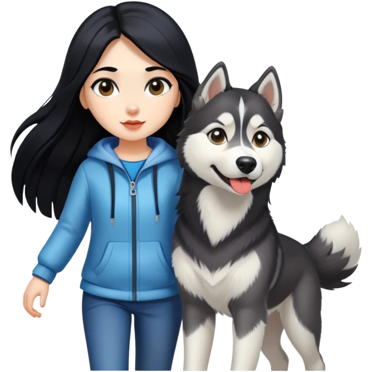 A girl with long black hair walks a husky emoji