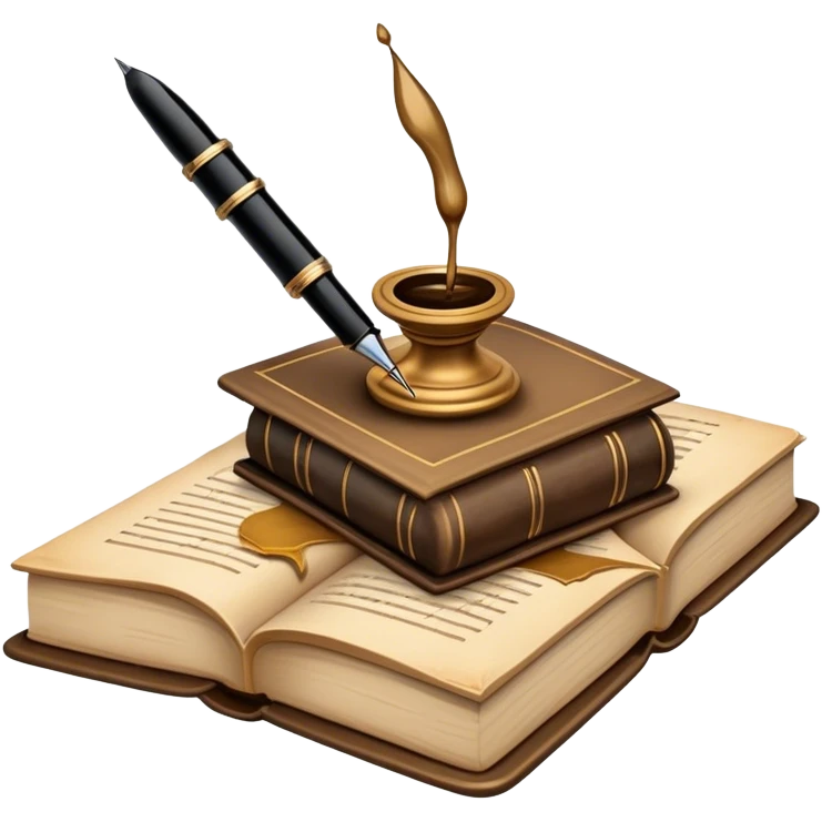 Create a vibrant emoji representing prose writing with an old-style, antique look. The design should include semi-turned pages of an old book with unfinished prose written on them. Add a vintage ink inkwell and a classic fountain pen or quill with black ink. Use warm, earthy tones like deep browns, golds, and creams for the book and ink bottle, with subtle ink splatters for an artistic touch. The overall style should evoke a sense of timeless storytelling and literary craftsmanship. Make the background transparent. emoji