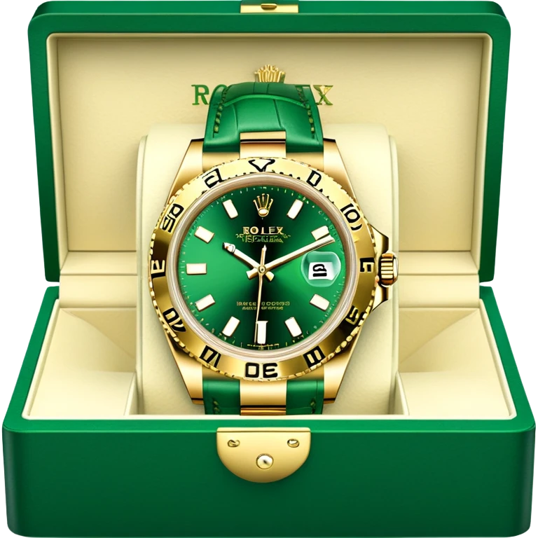 Gold Rolex in Rolex box green in color emoji