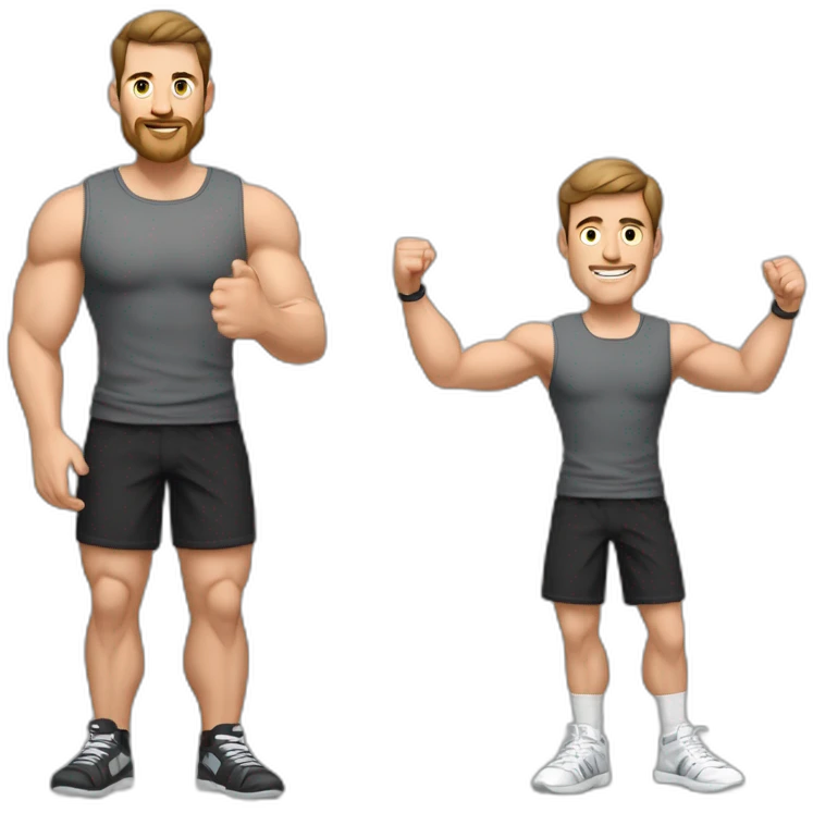 Full height realistic Actively gesturing with hands Pale skinned Fit Man With the biceps and brown hair in dark gray Sleeveless Mike, black oversize sports shorts, watch and white Sneakers emoji