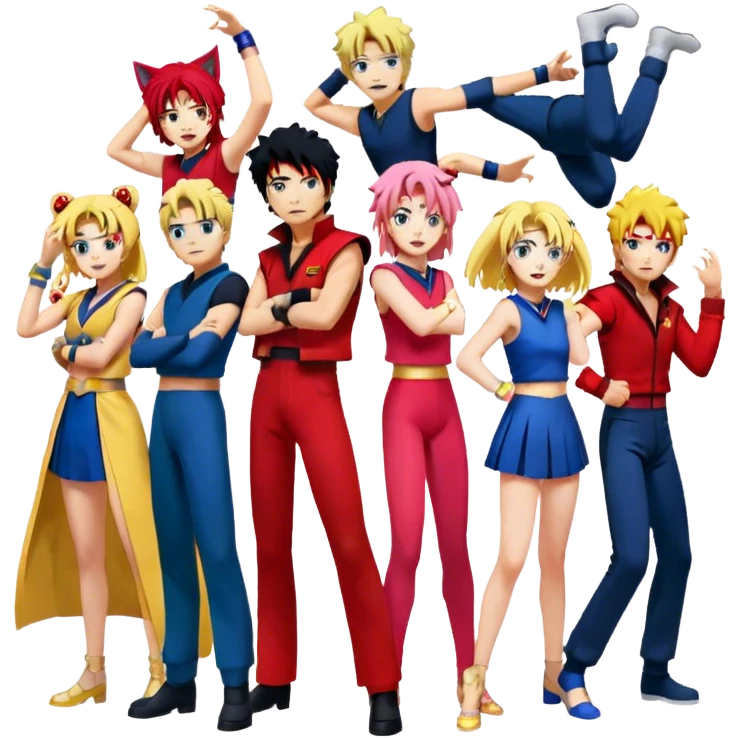 Icon for Anime Collage: Characters from Cowboy Bebop, Naruto, Bishoujo Senshi Sailor Moon and Kimetsu no Yaiba, each in their iconic poses and vibrant outfits, blended together with dynamic backgrounds. Transparent background. emoji