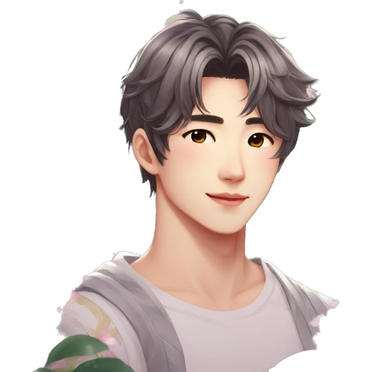 Gorgeous bright sparkly romantic Asian anime style guy with blushing face and flowers aesthetic trending style outside emoji