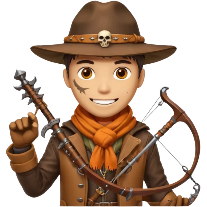 male human monster hunter emoji, wearing brown leather coat and wide hat, holding crossbow or rifle, with amulet shaped like skull, Halloween fantasy theme, confident smile, orange scarf, Apple emoji style, clean white background, square image emoji