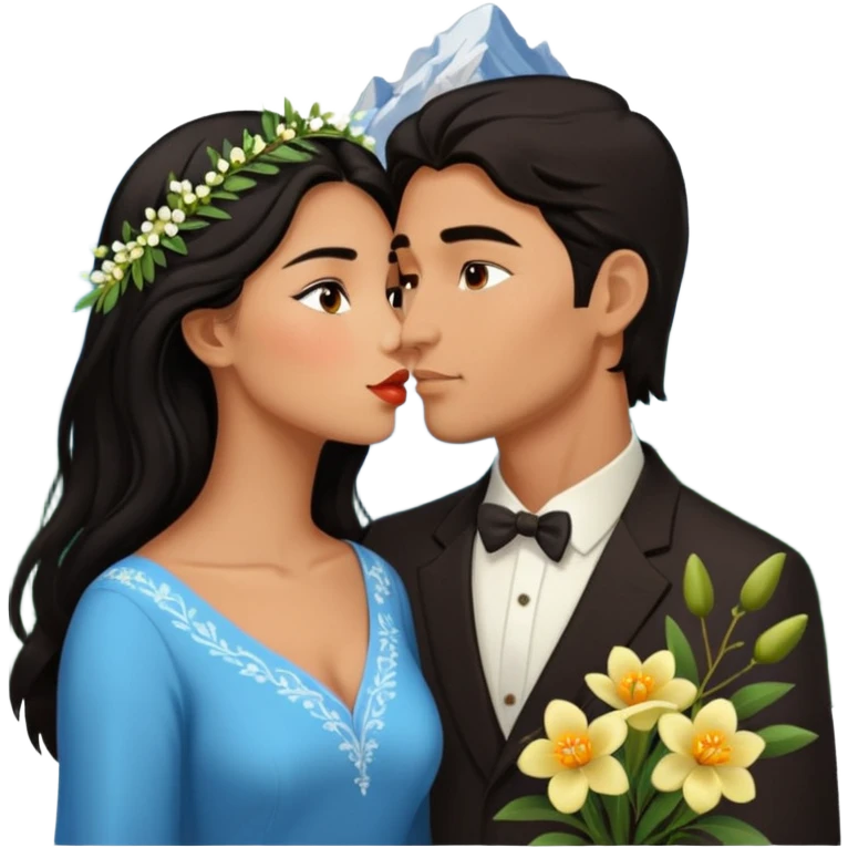 Kissing Couple traveling in Montenegro russian man and elegant  Latina girl delicate flowers and mountains in the background  emoji