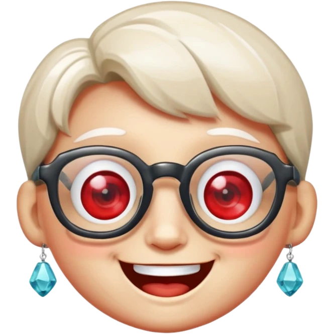 A single crystal gemstone character wearing glasses, chunky and irregular with faceted sides, [red], big glossy eyes behind the glasses and a wide happy smile, , high detail, soft lighting, centered on a plain dark background emoji