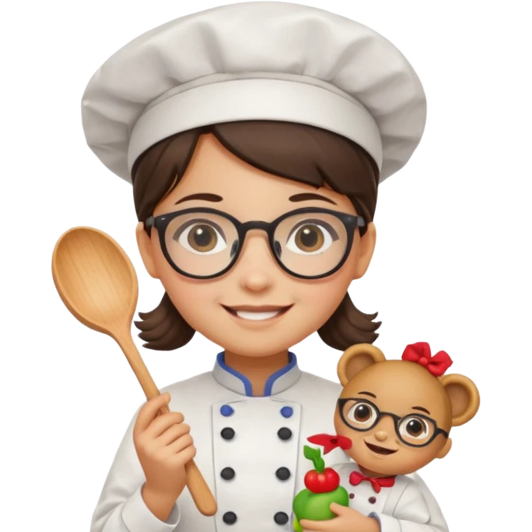 girl kid italian chef, uniform, wearing glasses, holding toy emoji