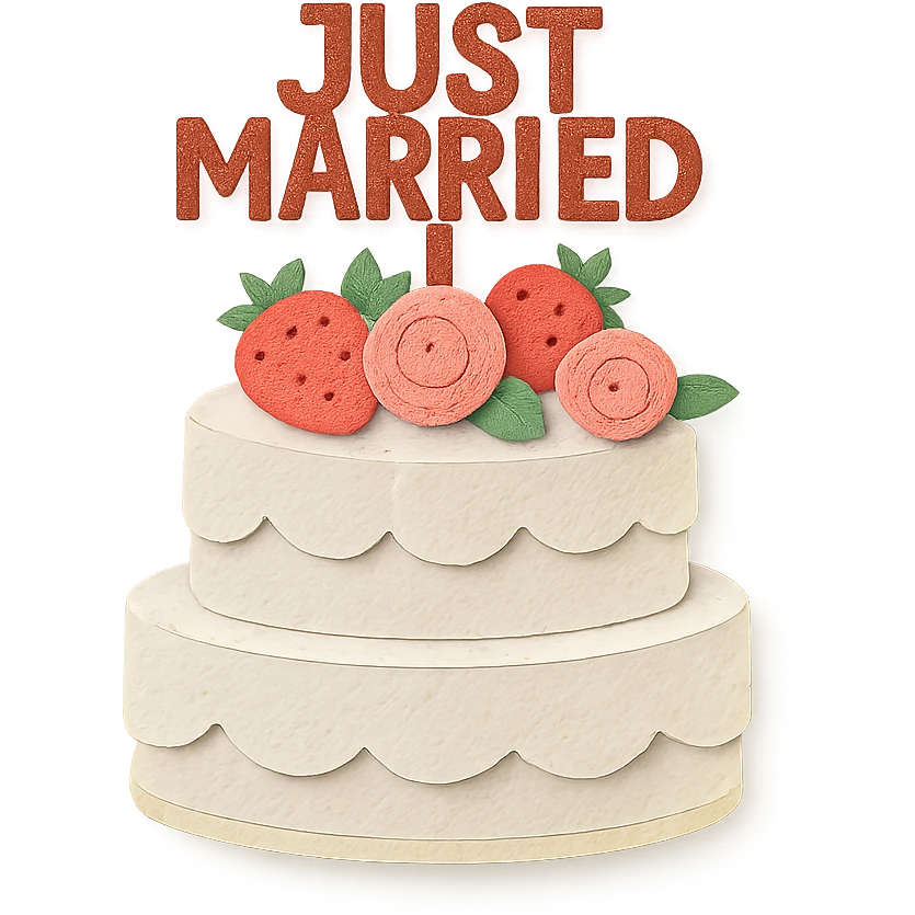 white wedding cake with strawberries, pink roses, 'Just Married' topper, paper craft style emoji