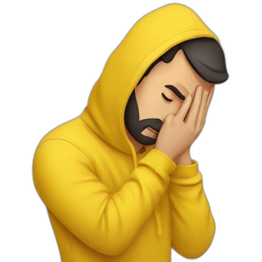 Armenian men in yellow sweatshirt holding his head. he has a headache emoji
