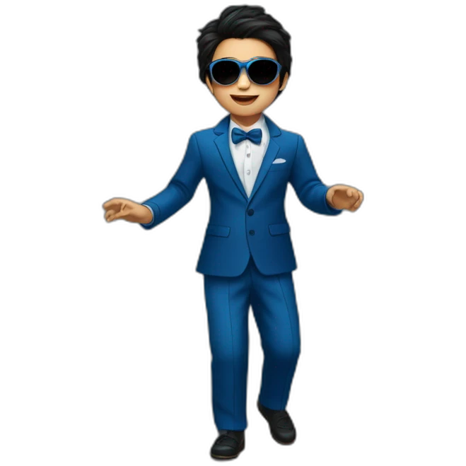 Little kid dancing at party with full blue suit and sunglasses and dark hair emoji
