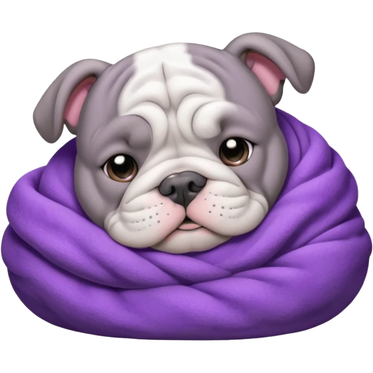 gray bulldog puppy sleep with a purple collar on emoji