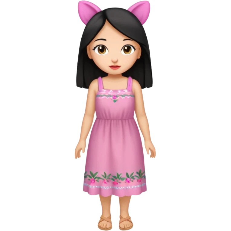 Gordita, ojos pequeños de color cafe oscuro, labios pequeños y rosados, piel trigueña, orejas pequeñas, cabello largo lazio y negro, pequeña. cuerpo completo. emoji