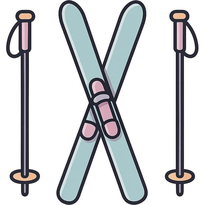 cross-country skis standing, slightly inclined in opposite directions, poles on the sides angled outward, detailed shading, thin clean outlines, soft rounded features, pastel palette #98B5BC #B5B3C1 #C9A3C9 #E4C0CA #F7DCD1 #F7C0AA, Japanese pop art, sticker look, highly detailed, vector clarity, soft lighting, subtle shadows, transparent background emoji