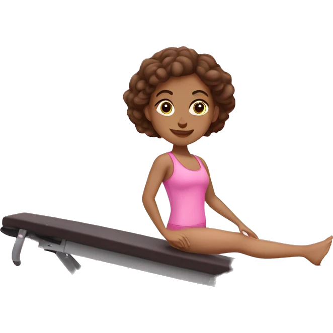 Caucasian girl with brown hair and brown eyes doing Pilates in a pink workout set on a Pilates machine  emoji