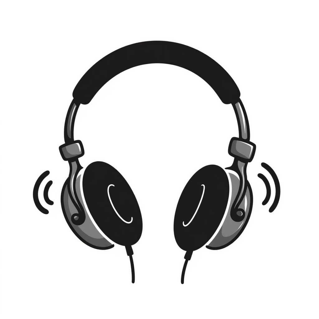 Hand-drawn sketch of black DJ headphones with sound waves emoji