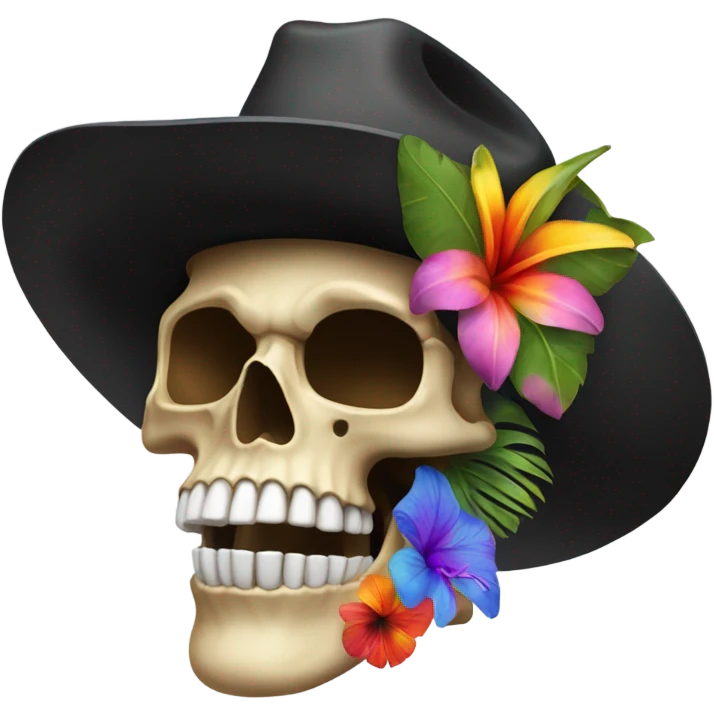 Realistic side view of a skull in a black cowboy hat on decorated with tropical flowers. emoji