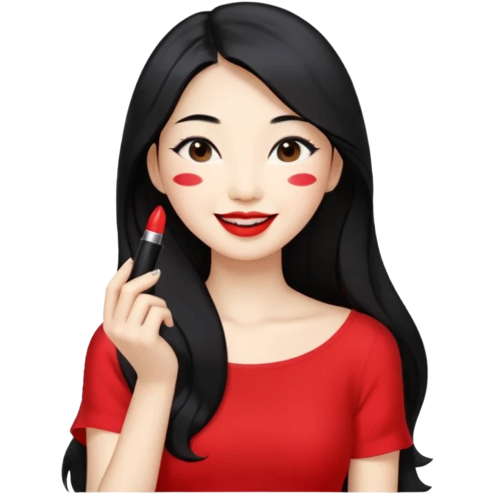 Korean woman with long hair applying lipstick to upper body, smiling face emoji