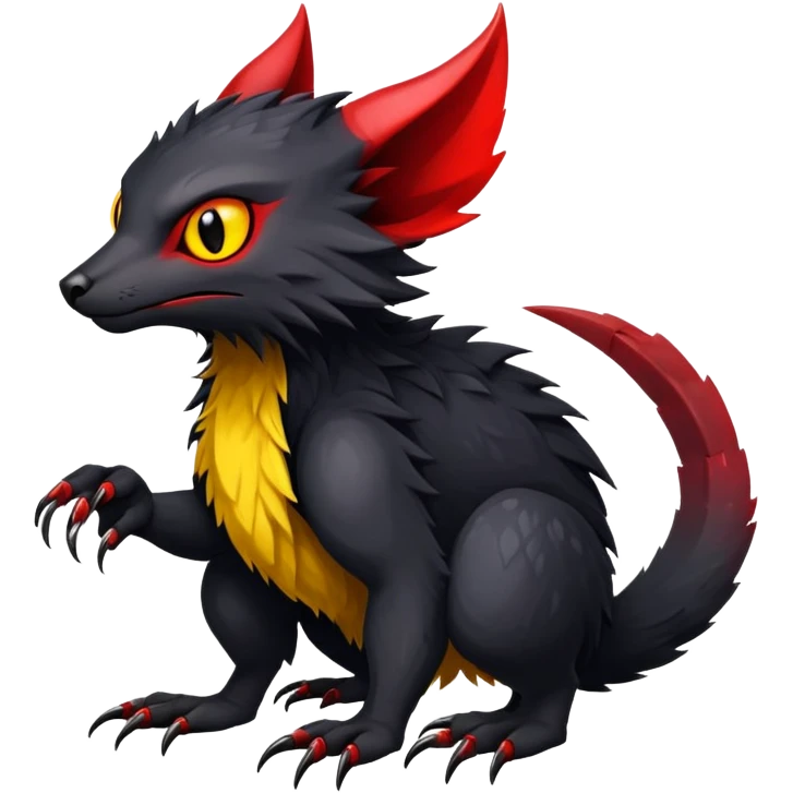 a black exotic edgy vernid-fionbr-Fakémon-creature, with red belly and yellow eyes, full body emoji