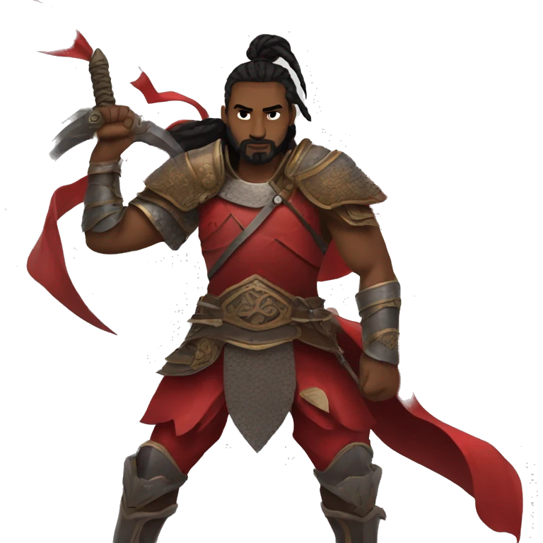 Fierce warlord in red armor and a reaper sword, hair in man bun emoji