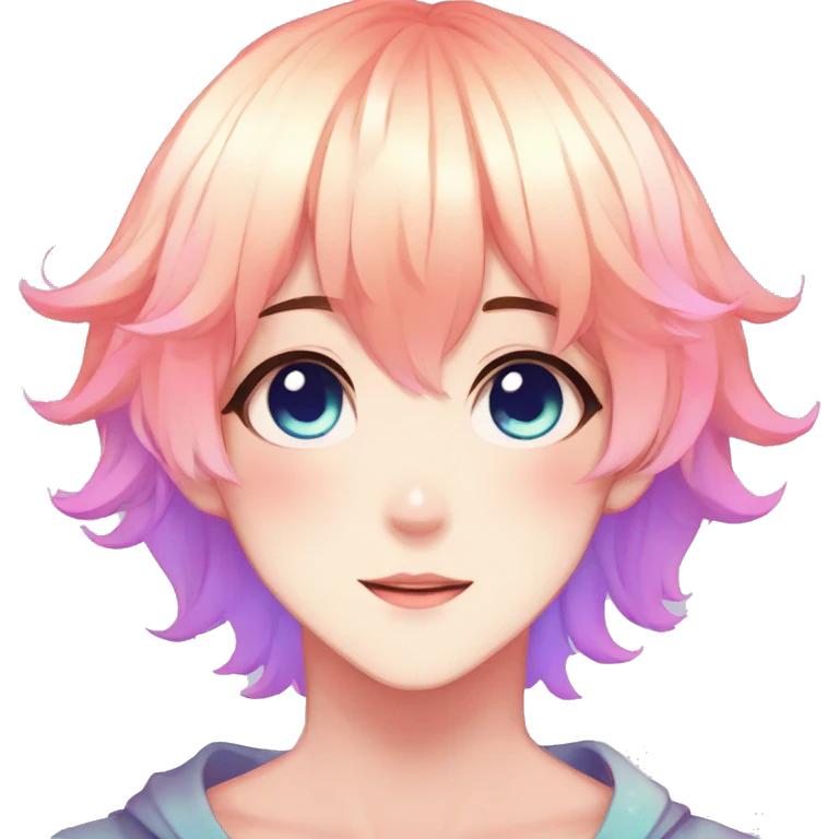 Gorgeous anime style shojo dude with blushing face aesthetic and pretty colorful shiny gradient pastel hair trending style emoji