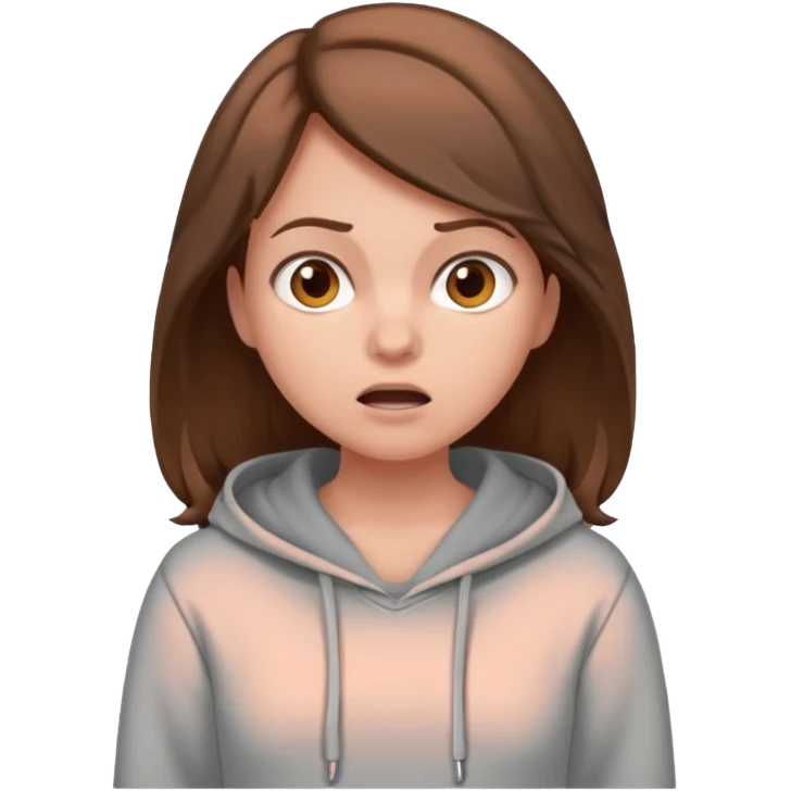 Chica grande  asustada de cuerpo completo con pelo castaño pantalones grises y hoodie gris  emoji