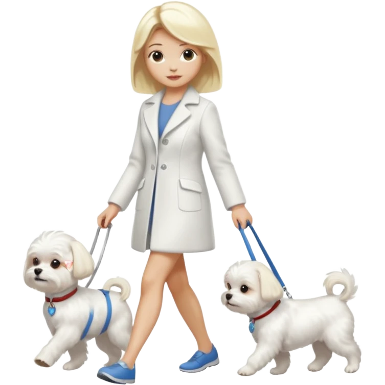 blonde woman wearing white, walking a small maltese dog. emoji