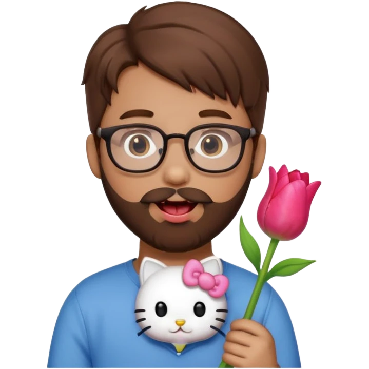 Brown hair guy and a heart shaped eyes with his tongue out with a beard and glasses with a hello kitty and a tulip in his hand   emoji