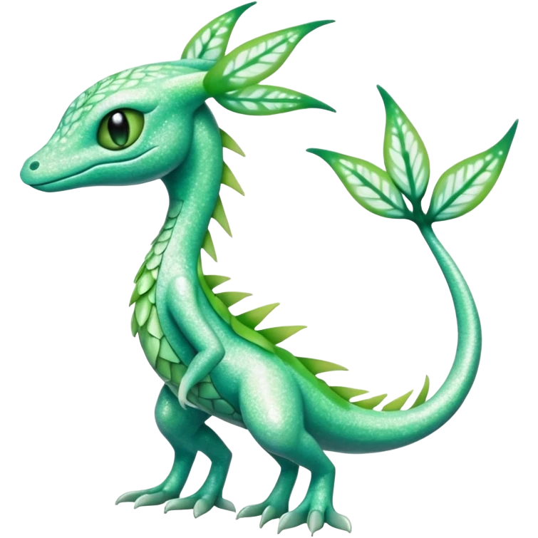 Sparkly White And Green Natural Flowery Colorful Grovyle-Salandit-Celebi--Fakémon-hybrid-creature (full body)  emoji