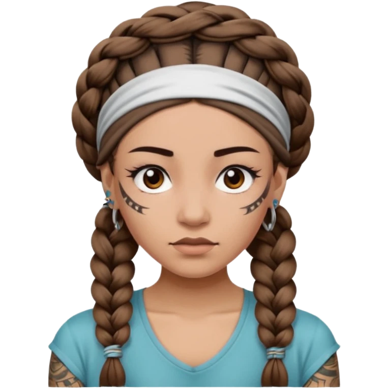 big lose braids starting from the top of the head woman face wiith big visible braids and mono color headband on head strict face and braids as big as headband and lots and lots of face tattoos emoji