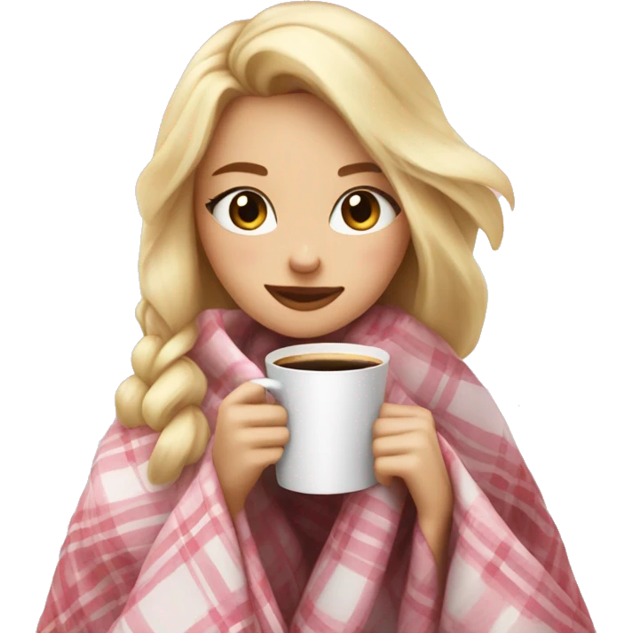 cute blonde girl wrapped in pastel pink plaid blanket drinking coffee emoji
