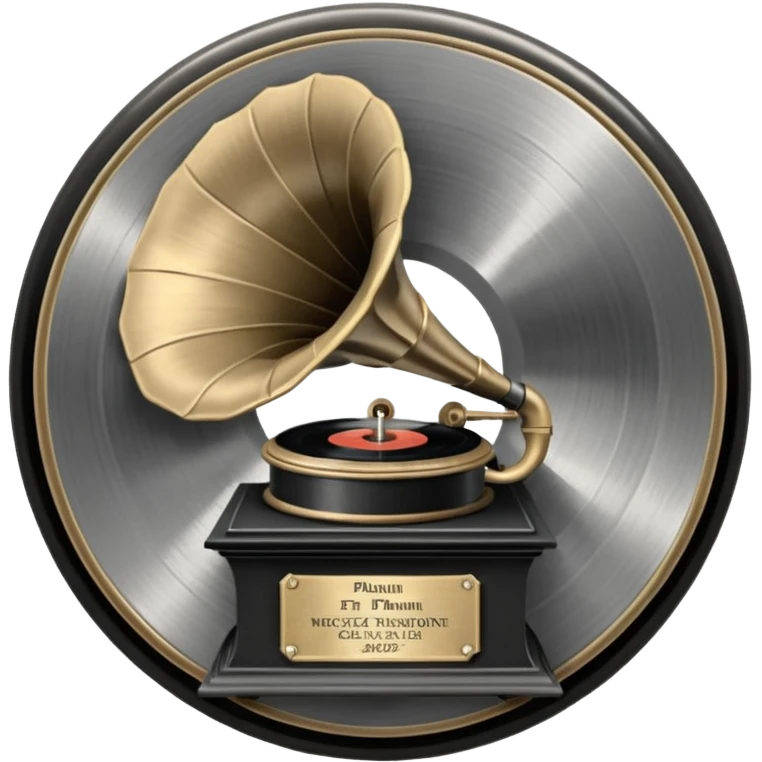 A dark metal platinum music award plaque The center features a relief of a vintage gramophone or stylized vinyl record in a slightly darker metallic tone emoji