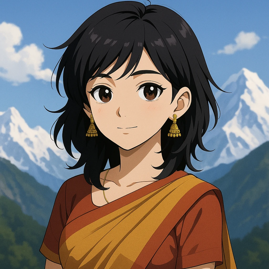 anime style Indian girl, black layered haircut, brownish-black eyes, fair complexion, traditional Indian earrings, mountain background emoji