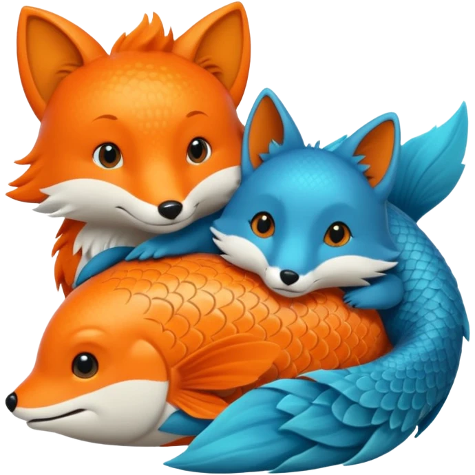 An orange fish and a teal blue fox, that are hugging or cuddling each other emoji