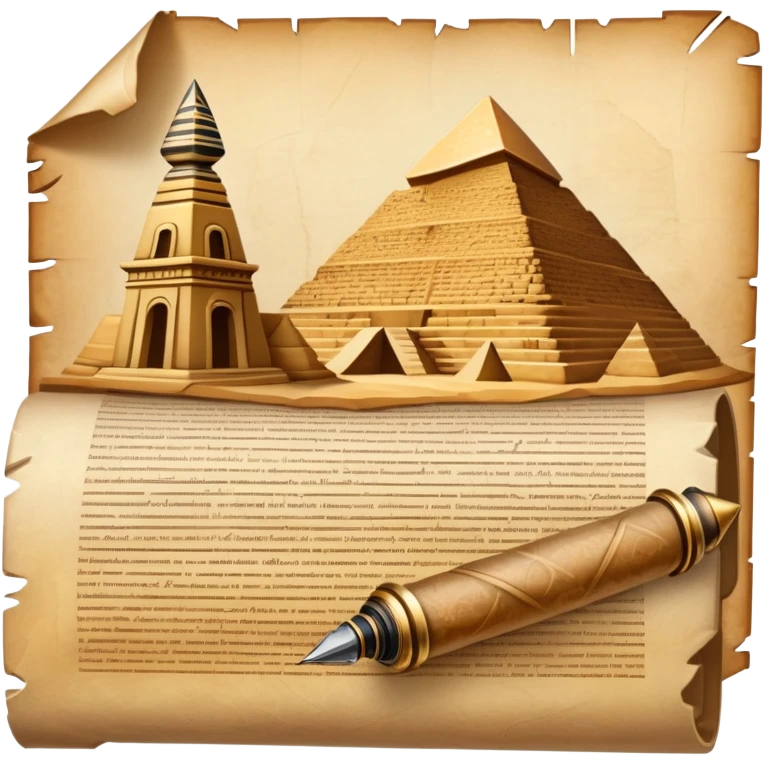 An icon showing a rolled parchment scroll, a quill pen, and ancient landmarks like pyramids and columns in the background. The design symbolizes the study of past civilizations, events, and heritage. Transparent background emphasizes the timeless exploration of human history. emoji