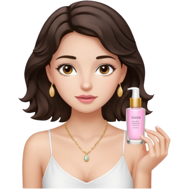generate a pretty fair bratz girl with dark brown eyes. Dark brown hair wavy hair. light pink lipgloss. white cami top. doing skincare. Dainty gold necklace emoji