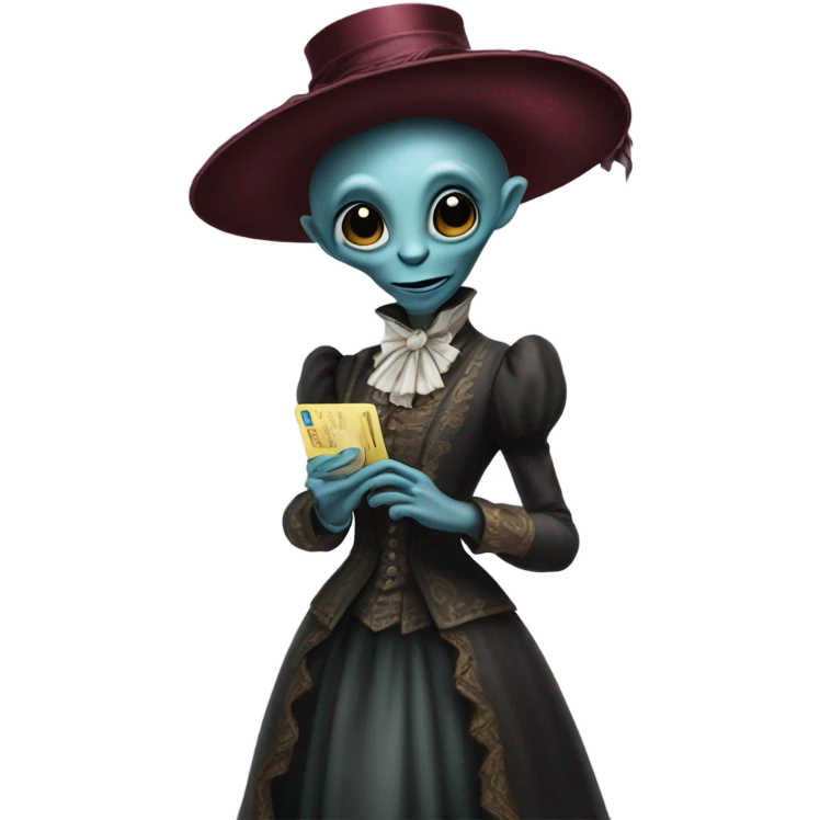 alien galora in Victorian dress elegant, full body, holding big credit card emoji