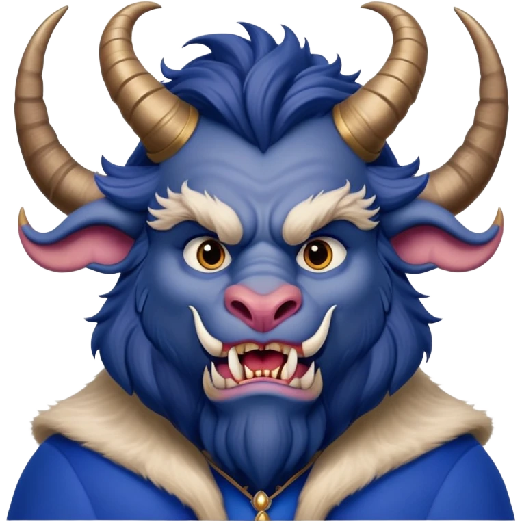 Beast from Beauty and the Beast with a human-like mouth and lips, but still with horns, fur, and beastly features wearing royal blue clothes emoji