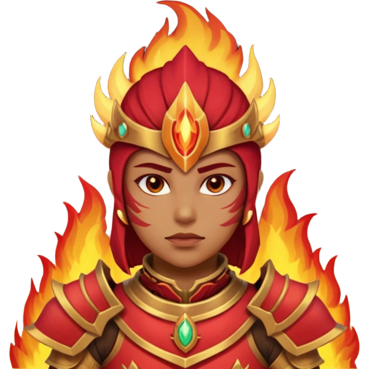 desert fire warrior portrait, head and shoulders only, red-gold armor collar, glowing fire accents, powerful gaze, fantasy desert vibe, 3D cartoon, mobile game icon style, clean background, no text, no watermark
 emoji