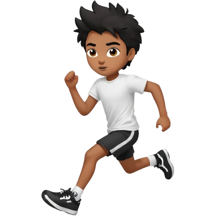 generate a pretty bratz brown skinned boy with black messy hair wearing a white tshirt and black running shorts. running on the street with white sneakers emoji