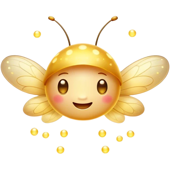 Cinematic tiny glowing firefly, round and chubby, soft golden light, tiny happy face, gentle floating motion, surrounded by dreamy sparkling dots. emoji