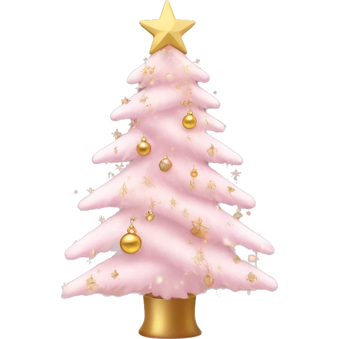 A Christmas tree with pastel pink and gold decorations, delicate ornaments, a star on top, and small twinkling lights. Background includes soft snowflakes. emoji